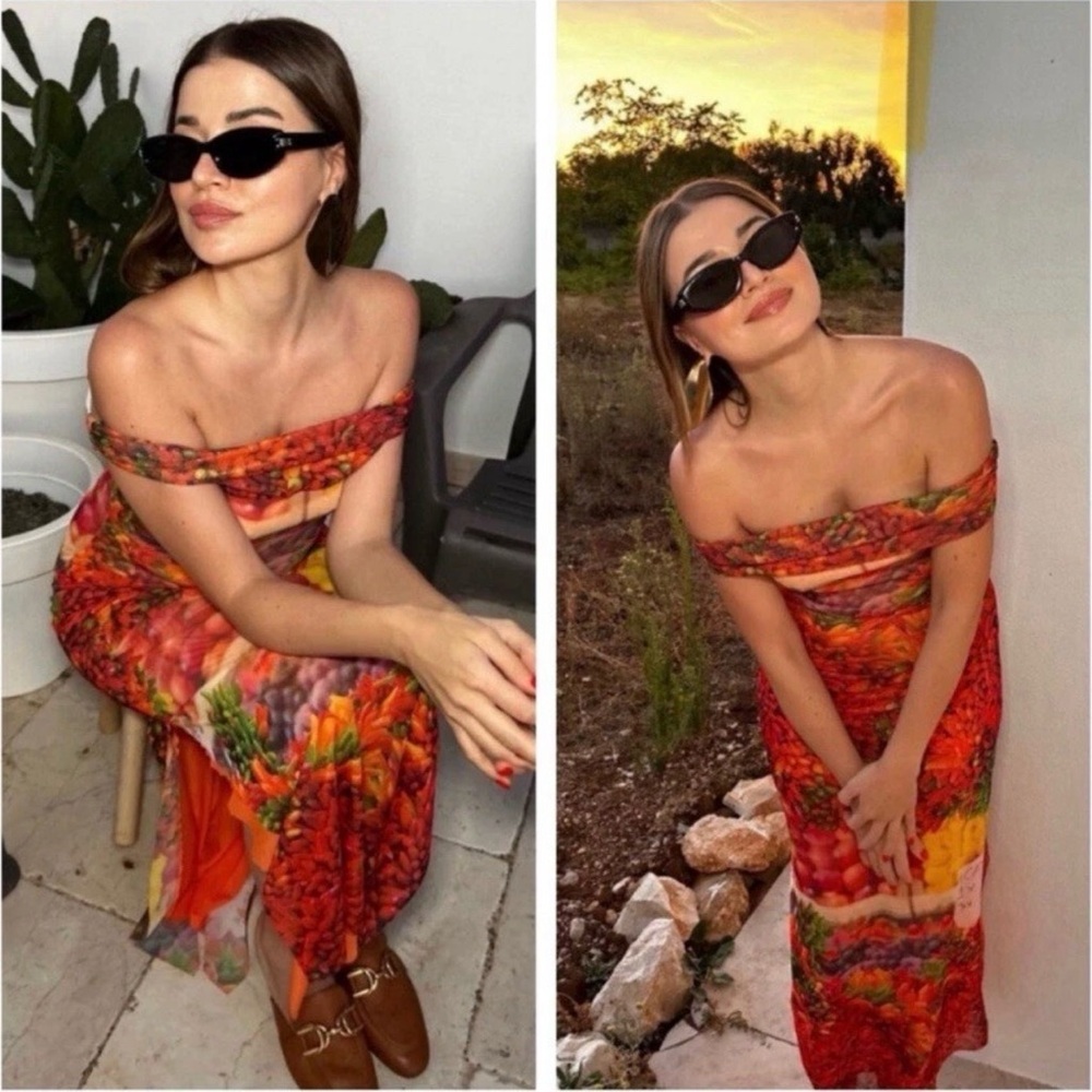 ZARA‎ Over the Shoulder Picante All Print Tulle Bodycon Maxi Dress Fruit